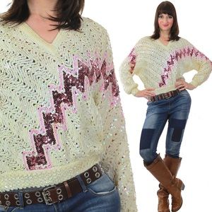 Vintage Sak Fifth Avenue SEQUIN SWEATER abstract Metalic pullover black …